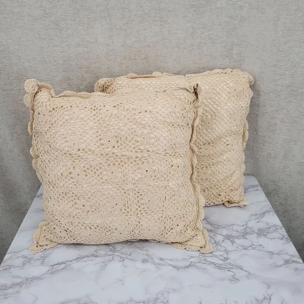 Vintage Cream Hand Crochet Lace Cotton Pillows Set of 2
